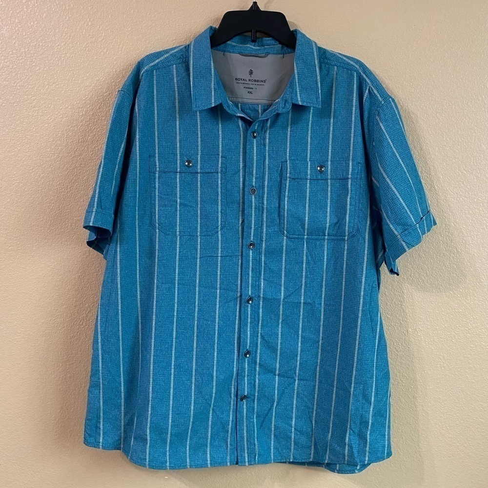 Royal Robbins Mens Size XXL Blue Aztec Stripe Short Sleeve Button Down Shirt‎